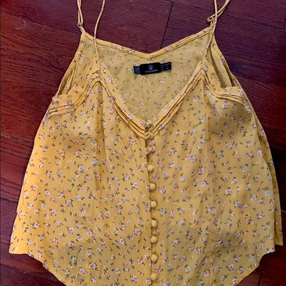 Volcom Yellow Floral Button-Front Spaghetti Strap Tank - Picture 2 of 4